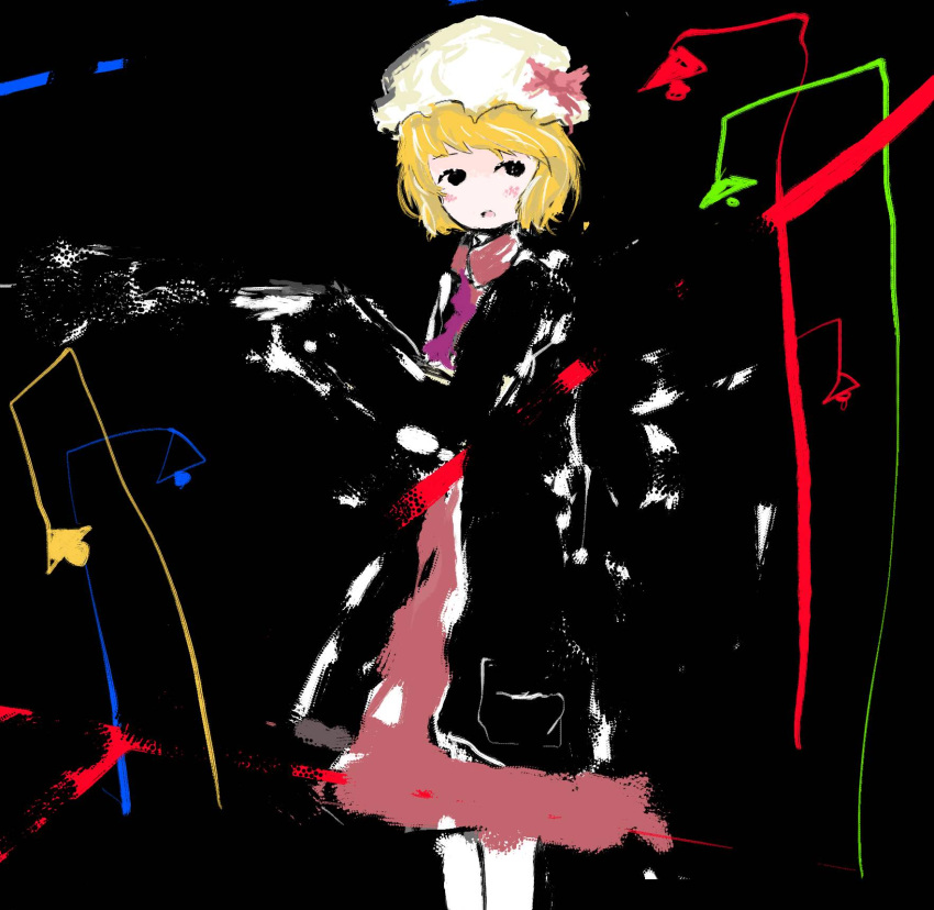 1girl abstract_background ascot black_background black_coat blending blonde_hair child_drawing creepy dress hand_up hat haze highres interrupted lamppost looking_back maribel_hearn mob_cap open_mouth outstretched_hand pink_bow pink_dress short_hair solo timesoe touhou