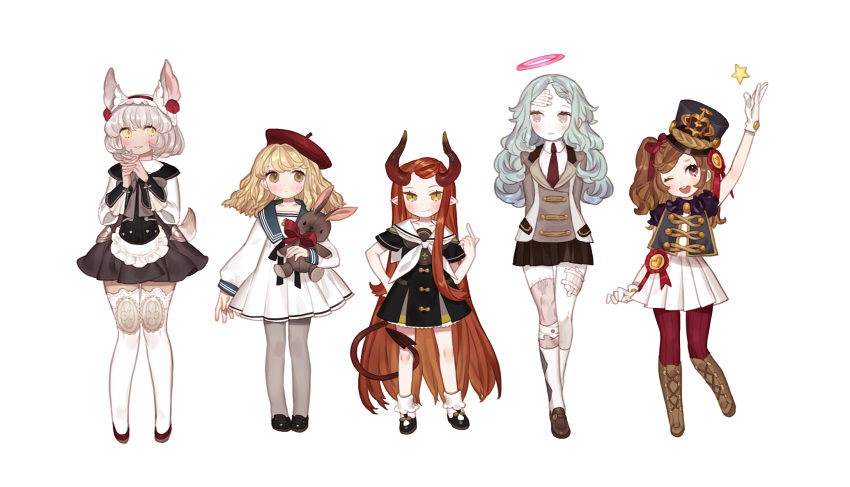 5girls animal_ears apron aqua_hair auburn_hair bandages beret blonde_hair blush boots brown_eyes dress gloves green_eyes grey_hair gwayo hands_clasped hat headband highres horns kneehighs loafers long_hair looking_at_viewer mary_janes multiple_girls one_eye_closed original pantyhose pointing pointing_at_self sailor_collar shako_cap shoes short_hair skirt smile stitches stuffed_animal stuffed_toy tagme tail thigh-highs very_long_hair