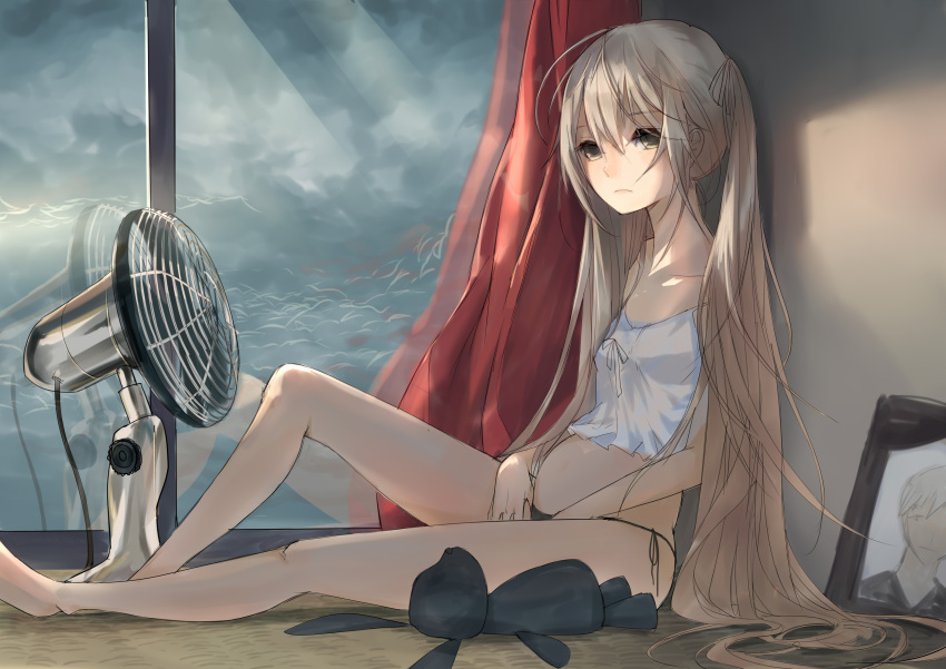 1girl absurdres artist_request bare_legs barefoot black_panties brown_eyes camisole clouds cloudy_sky electric_fan hair_between_eyes highres kasugano_sora long_hair panties picture_(object) picture_frame side-tie_panties silver_hair sitting sky small_breasts solo string_panties stuffed_animal stuffed_bunny stuffed_toy twintails underwear very_long_hair yosuga_no_sora