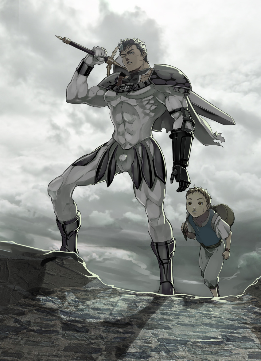 2boys armor berserk bulge character_request claymore clouds cloudy_sky cosplay crossover guts highres multiple_boys novelia one_eye_closed prosthesis shoulder_pads sky sword weapon