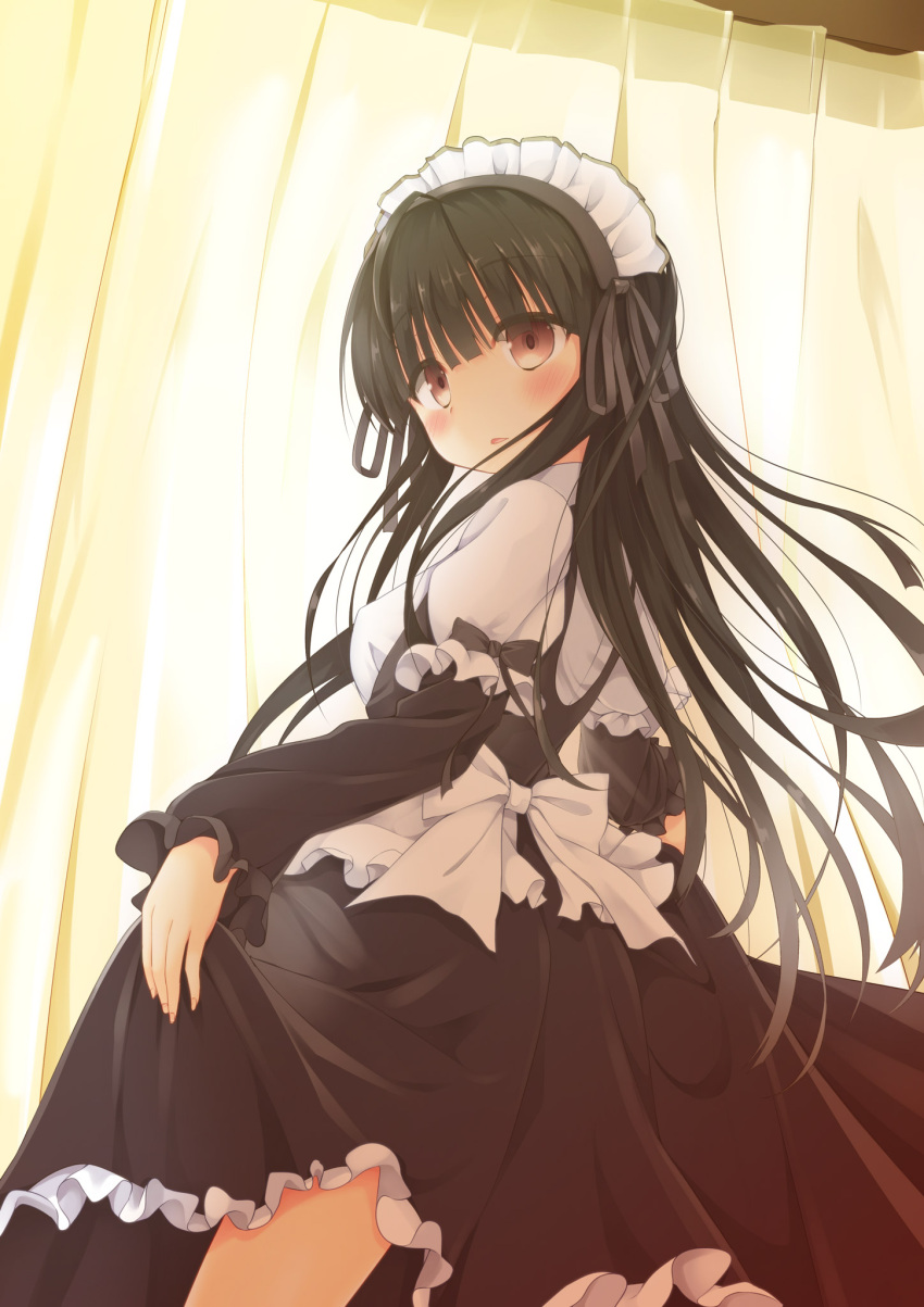 1girl black_hair blush brown_eyes east01_06 from_behind highres long_hair looking_at_viewer looking_back maid maid_headdress original parted_lips solo