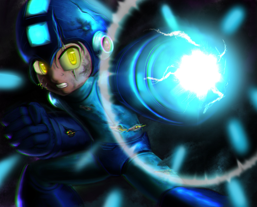 1boy arm_cannon charging clenched_hand dclzexon glowing glowing_eyes helmet robot rockman rockman_(character) rockman_(classic) solo torn_clothes weapon yellow_eyes