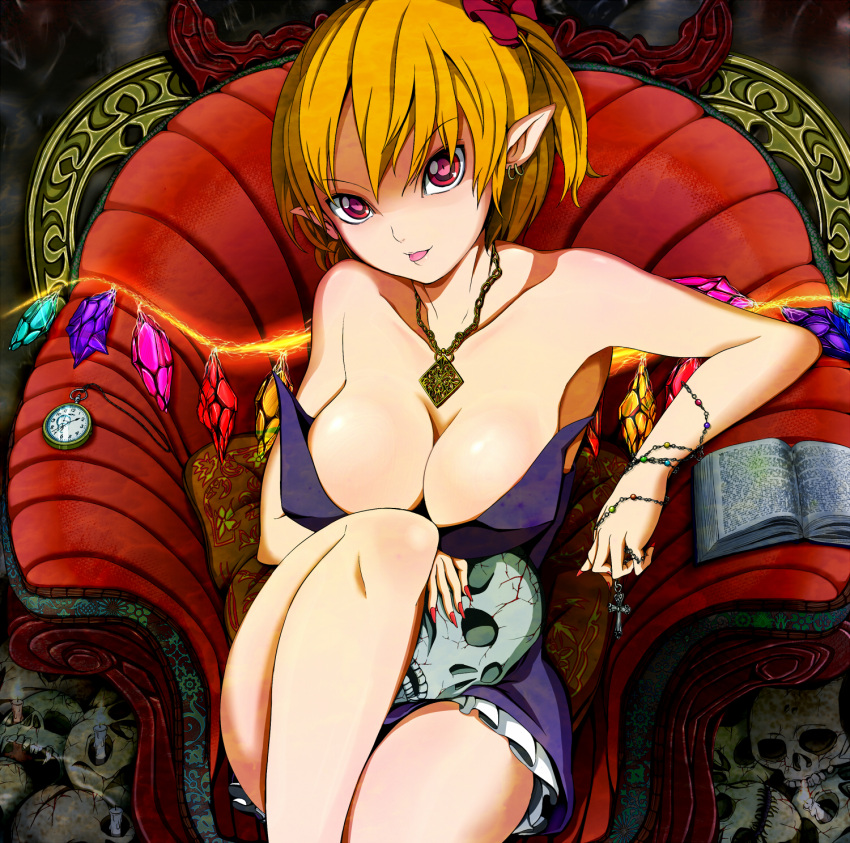 1girl alternate_costume armchair bare_shoulders blonde_hair book bow breasts chair cleavage collarbone cross crucifix dress earrings flandre_scarlet glowing glowing_weapon hair_bow highres jewelry large_breasts looking_at_viewer nail_polish necklace older open_book pendant pillow pocket_watch pointy_ears ponytail purple_dress red_eyes red_nails reri revision side_ponytail sitting skull solo strapless_dress tongue tongue_out touhou watch weapon