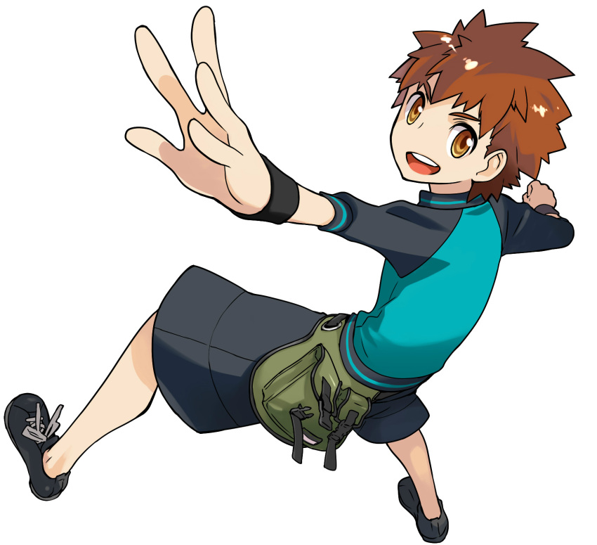 1boy brown_eyes brown_hair capsule_servant emiya_shirou fanny_pack fate_(series) highres official_art raglan_sleeves shoes shorts sneakers solo white_background wristband