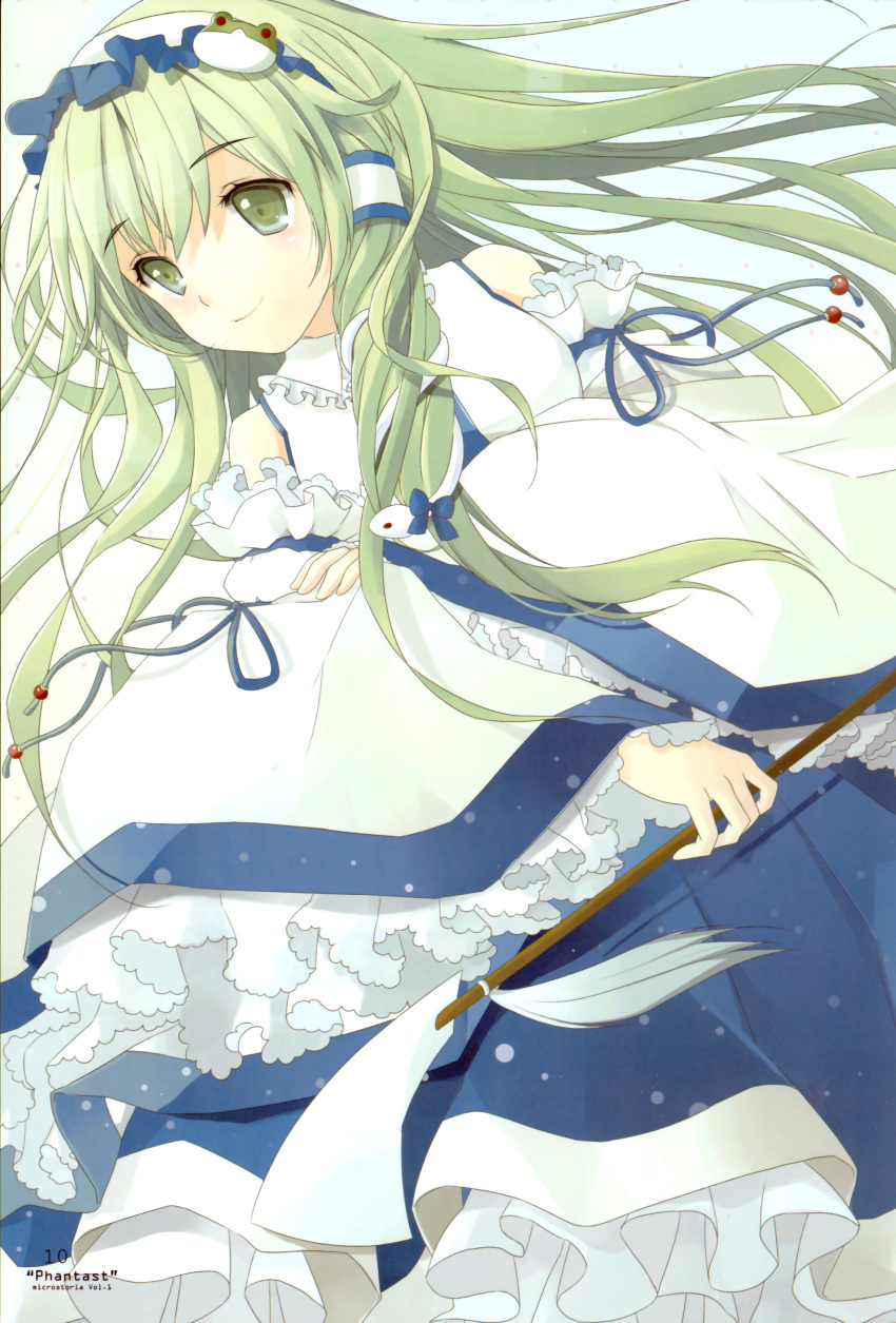 1girl absurdres bow detached_sleeves frills frog_hair_ornament gohei gradient gradient_background green_eyes green_hair hair_ornament hair_tubes headdress highres japanese_clothes kochiya_sanae long_hair long_skirt long_sleeves miko scan shirt skirt smile snake_hair_ornament solo text tommy_(microstoria) touhou wide_sleeves