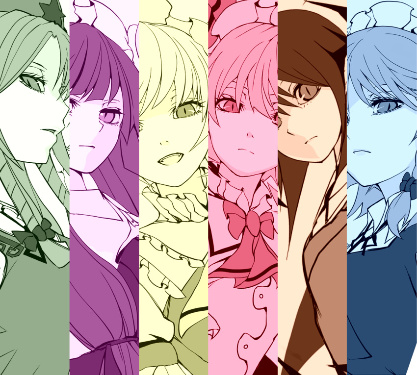 6+girls ascot braid expressionless fangs flandre_scarlet from_side hair_ribbon hat head_wings hong_meiling izayoi_sakuya koakuma long_hair looking_at_viewer looking_down maid_headdress mob_cap monochrome multiple_girls multiple_monochrome open_mouth parted_lips patchouli_knowledge remilia_scarlet ribbon serious short_hair slit_pupils smile star touhou tress_ribbon twin_braids yutapon