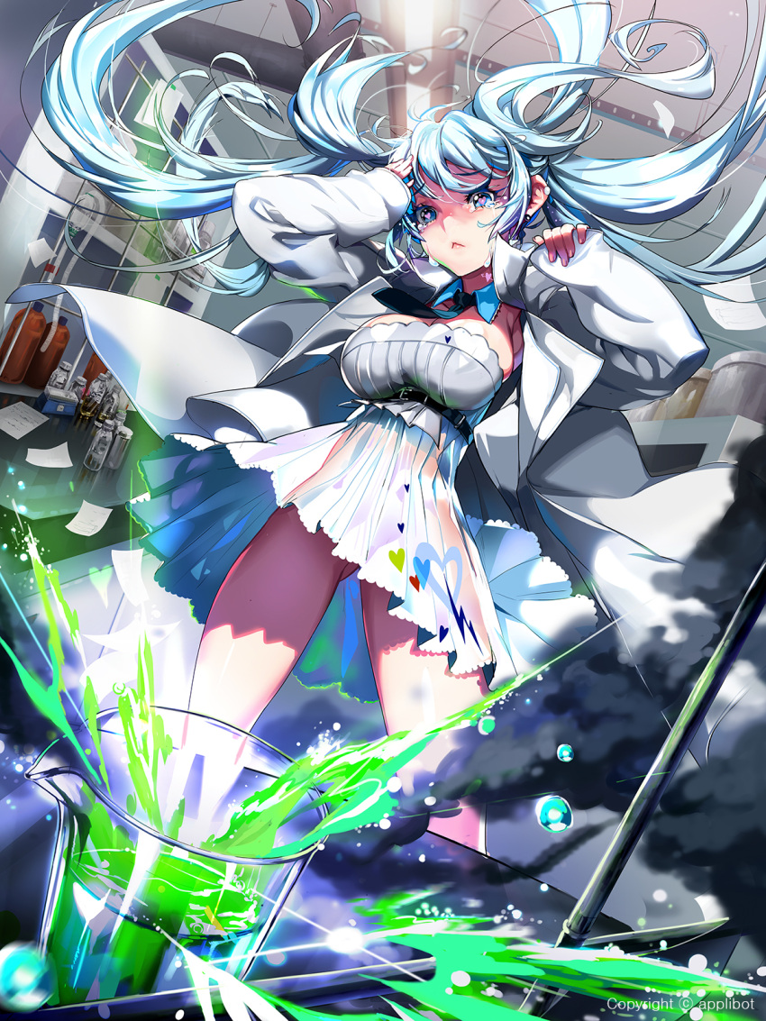 1girl accident belt blue_eyes blue_hair breasts chemistry detached_collar dress dutch_angle furyou_michi_~gang_road~ heart heart-shaped_pupils highres imp_(sksalfl132) labcoat laboratory large_breasts long_hair necktie no_panties official_art see-through solo symbol-shaped_pupils tears white_dress