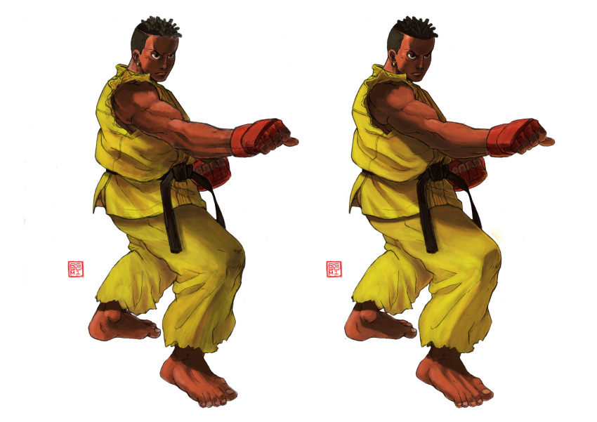 1boy barefoot comparison cornrows dougi earrings ebony fighting_stance fingerless_gloves gloves highres jewelry muscle official_style revision rgm501 sean_matsuda sleeveless solo street_fighter street_fighter_iii