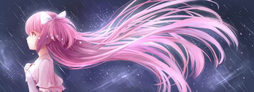 1girl bow clenched_hand crying crying_with_eyes_open dress gloves goddess_madoka hair_bow hand_on_own_chest highres kaname_madoka long_hair magical_girl mahou_shoujo_madoka_magica nio_(jacky19921205) orange_eyes pink_hair short_twintails solo spoilers tears twintails two_side_up very_long_hair