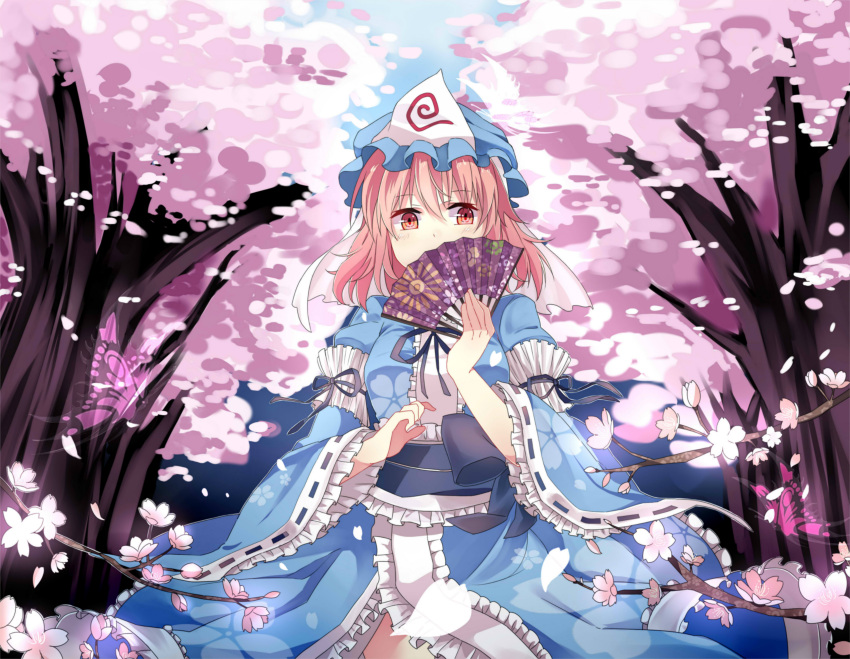 1girl absurdres breasts cherry_blossoms fan folding_fan hat highres japanese_clothes long_sleeves obi petals pink_eyes pink_hair saigyouji_yuyuko sash short_hair smile solo touhou triangular_headpiece wide_sleeves