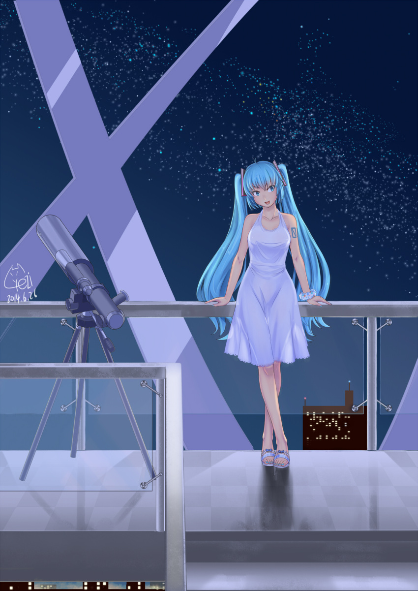 1girl 2014 aqua_eyes aqua_hair artist_name checkered checkered_floor crossed_legs dated dongqing_zaozigao dress hatsune_miku highres long_hair night open_mouth railing sandals sky solo star_(sky) starry_sky telescope twintails very_long_hair vocaloid