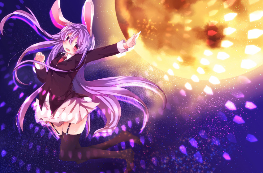 1girl absurdres animal_ears black_legwear blazer blush bullet bunny_tail danmaku dress_shirt finger_gun full_moon garter_straps highres jacket long_hair long_sleeves looking_at_viewer moon moonlight necktie night open_mouth outstretched_arms pleated_skirt pointing purple_hair rabbit_ears red_eyes reisen_udongein_inaba shirt skirt solo tail thigh-highs touhou very_long_hair white_shirt yucchan_(drizzle_star) zettai_ryouiki