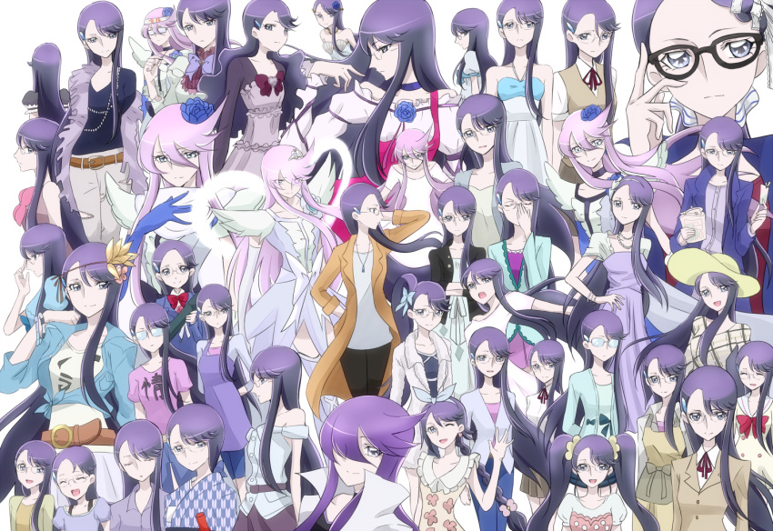 6+girls alternate_costume alternate_hairstyle bare_shoulders belt bowtie closed_eyes collage cure_moonlight cure_moonlight_mirage dress eyelashes fashion gacchahero glasses hair_ornament hair_ribbon hairclip happy heartcatch_precure! henshin jacket japanese_clothes kimono long_hair looking_at_viewer magical_girl multiple_girls multiple_persona open_mouth ponytail precure purple_hair ribbon school_uniform shirt simple_background skirt smile super_silhouette_(heartcatch_precure!) tagme transformation translation_request tsukikage_yuri twintails violet_eyes white_background