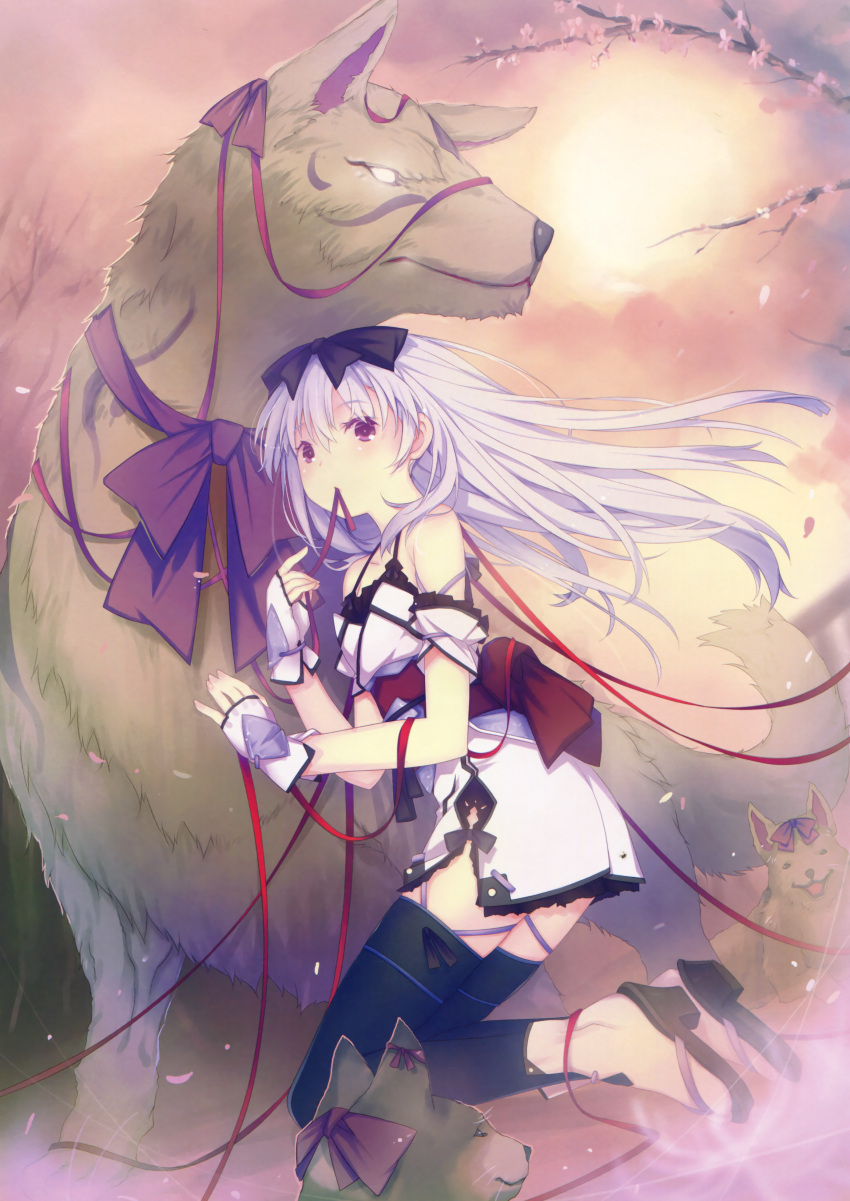 1girl absurdres bare_shoulders black_legwear bow cherry_blossoms fingerless_gloves gloves hair_between_eyes hair_bow highres lavender_hair long_hair mouth_hold petals ribbon_in_mouth ruroo sandals scan solo tabi thigh-highs violet_eyes white_gloves wolf