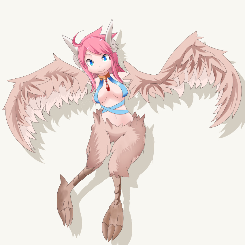 1girl absurdres ahoge bangs blue_eyes breasts earrings feathered_wings grey_background harpy harpy_(mon-musu_quest!) highres jewelry looking_at_viewer mon-musu_quest! monster_girl navel payot philip_(n1k2-j) shadow simple_background smile solo talons wings
