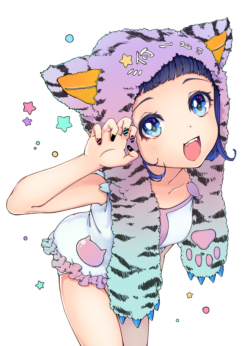 1girl animal_hat blue_eyes blue_hair blush cat_hat fangs frilled_swimsuit frills hat highres leaning_forward megumoke nail_art nail_polish one-piece_swimsuit original paw_pose short_hair small_breasts solo swimsuit