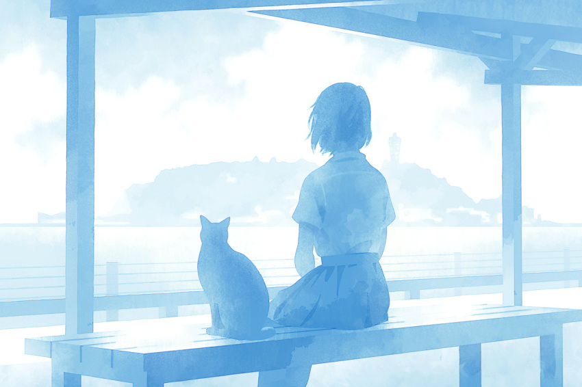 1girl bench blue cat clouds from_behind island namito ocean original pleated_skirt railing school_uniform short_hair short_sleeves sitting skirt solo water wind