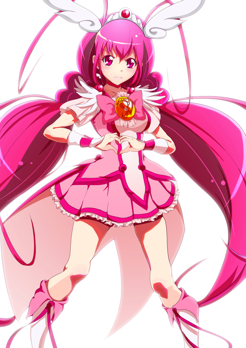 1girl bike_shorts boots choker cure_happy dress earrings eyelashes hair_ornament highres hoshizora_miyuki jewelry knee_boots kneehighs long_hair looking_at_viewer magical_girl pink_dress pink_eyes pink_hair precure ribbon serious shorts shorts_under_skirt simple_background smile_precure! solo standing twintails very_long_hair white_background wrist_cuffs zielgigas