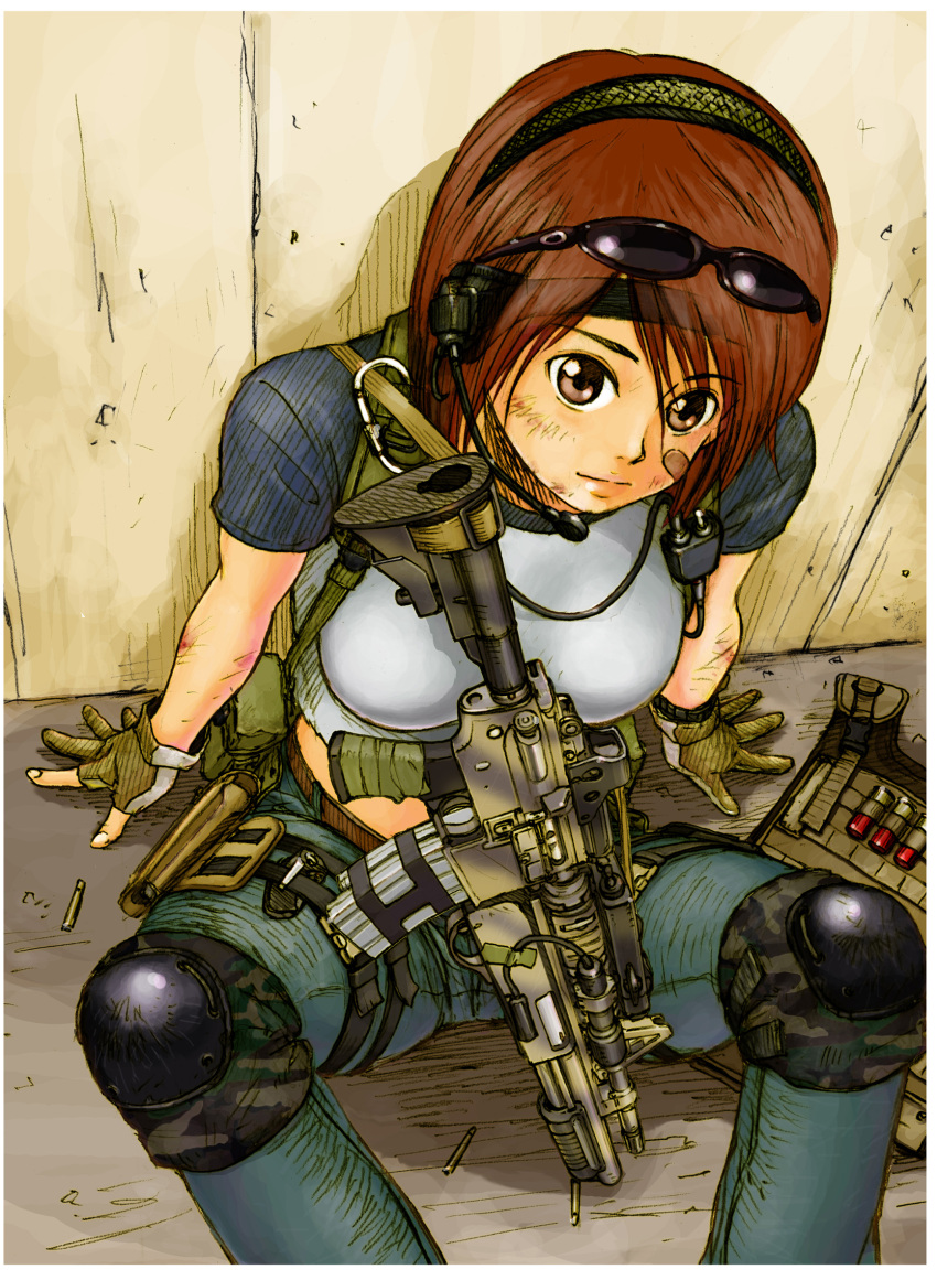 absurdres bandaid brown_eyes brown_hair bullet fingerless_gloves gloves gun hairband headset highres humi humi_(jun-shu) knee_pads m4_carbine m4a1 midriff operator raglan_sleeves rifle short_hair shotgun solo sunglasses weapon