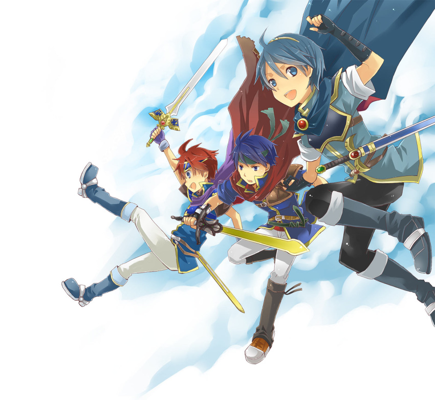 3boys blue_hair cape fire_emblem fire_emblem:_fuuin_no_tsurugi fire_emblem:_mystery_of_the_emblem fire_emblem:_path_of_radiance fire_emblem:_souen_no_kiseki fire_emblem_fuuin_no_tsurugi gloves headband highres ike marth nintendo project_m red_hair redhead roy smile super_smash_bros. super_smash_bros_brawl super_smash_bros_melee sword tiara weapon