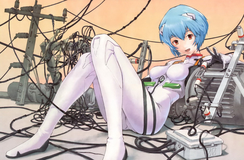 ayanami_rei blue_hair cable highres legs lying neon_genesis_evangelion plugsuit red_eyes short_hair smile solo telephone_pole transformers