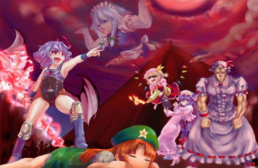 armpits bat_wings blonde_hair blood book braid china_dress chinadress chinese_clothes fangs fire flamethrower flandre_scarlet glasses hat hokuto_no_ken hong_meiling izayoi_sakuya long_hair nosebleed parody patchouli_knowledge ponytail purple_eyes purple_hair pyramid red_eyes red_hair redhead rekise remilia_scarlet short_hair shuu side_ponytail silver_hair souther sunglasses tears touhou twin_braids vampire_(game) violet_eyes weapon wings