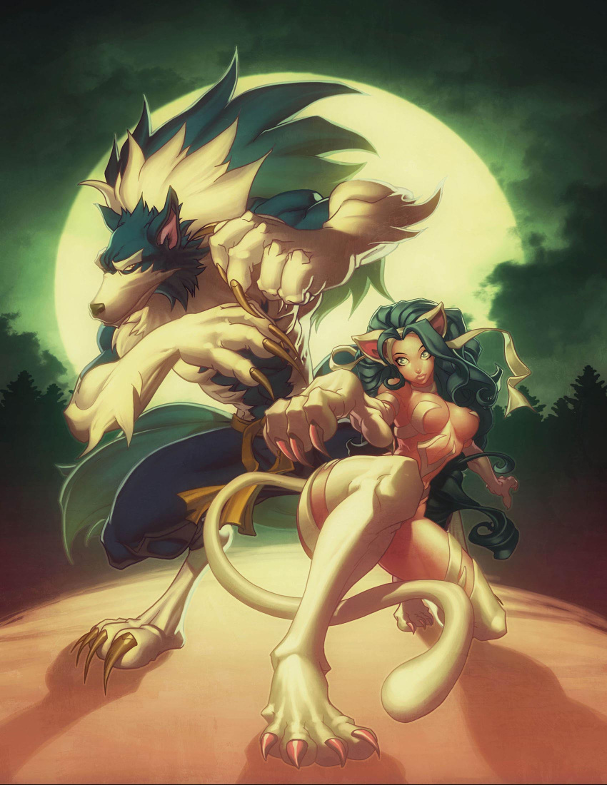 blue_eyes blue_hair breasts cat_ears claws felicia fur gallon highres large_breasts long_hair markovah moon paws tail vampire_(game) werewolf wolf_ears yellow_eyes
