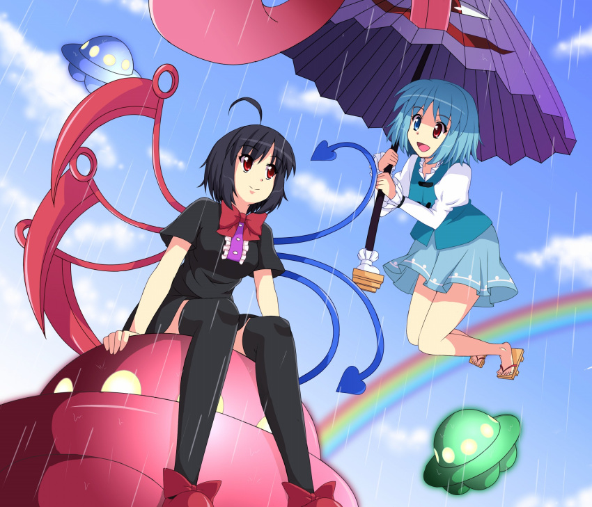 2girls ahoge asymmetrical_wings bare_legs black_hair black_legwear blue_eyes blue_hair blue_sky clouds dress flying geta heterochromia highres houjuu_nue karakasa_obake legs_folded looking_at_another multiple_girls open_mouth rain rainbow red_eyes riding shoe_bow short_hair skirt skirt_set sky smile tatara_kogasa thigh-highs touhou ufo umbrella utakata_(azaka00) wings zettai_ryouiki