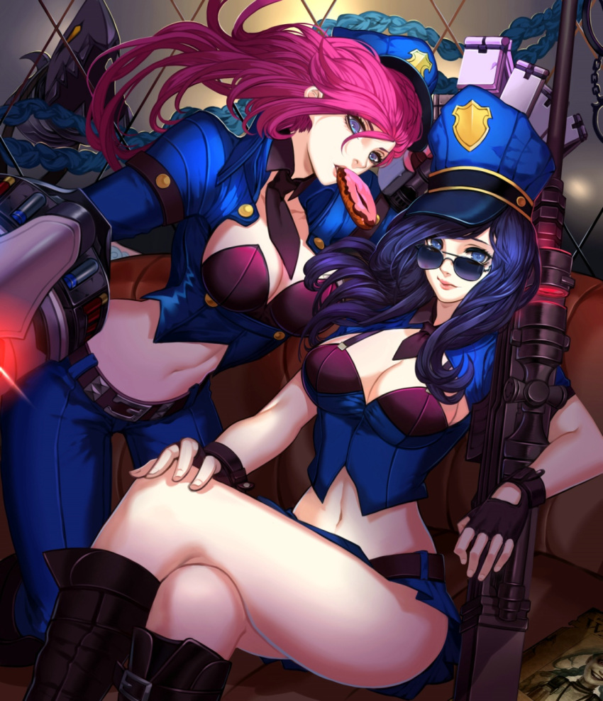 blue_eyes blue_hair boots braid breasts caitlyn_(league_of_legends) cleavage crossed_legs grin gun hat highres jinx_(league_of_legends) large_breasts league_of_legends lips liuruoyu8888 long_hair midriff miniskirt necktie pants picture_(object) police police_hat police_uniform policewoman purple_hair rifle skirt smile tagme uniform vi_(league_of_legends) weapon