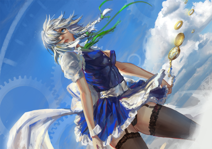 1girl apron black_panties blue_dress blue_eyes braid breasts cleavage clouds dress dutch_angle garter_straps gears hair_over_one_eye izayoi_sakuya lace lace-trimmed_thighhighs lips looking_at_viewer maid panties pantyshot pantyshot_(standing) revision silver_hair sky solo standing thigh-highs touhou twin_braids unbuttoned underwear upskirt waist_apron watch wrist_cuffs youyi_(ww5413203)