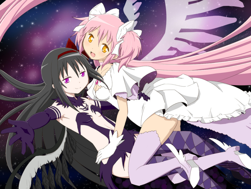 2girls :d absurdly_long_hair akemi_homura akuma_homura argyle argyle_legwear bare_shoulders black_gloves black_hair bow choker dress elbow_gloves feathered_wings gloves goddess_madoka hair_bow hand_on_another's_hip high_heels kaname_madoka long_hair looking_at_viewer mahou_shoujo_madoka_magica mahou_shoujo_madoka_magica_movie multiple_girls oman_(evld) open_mouth outstretched_arm pink_hair smile space spoilers star_(sky) thigh-highs two_side_up very_long_hair violet_eyes white_gloves wings yellow_eyes yuri zettai_ryouiki