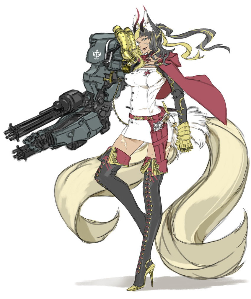 1girl animal_ears aqua_eyes blonde_hair boots cape cross-laced_footwear earrings fangs fox_ears fox_tail gatling_gun gun high_heel_boots high_heels highres holster iron_cross jewelry lace-up_boots leg_up long_hair machinery military military_uniform miwa_shirou monocle multicolored_hair multiple_tails open_mouth original ponytail scar simple_background smile solo streaked_hair tail thigh-highs thigh_boots uniform weapon white_background