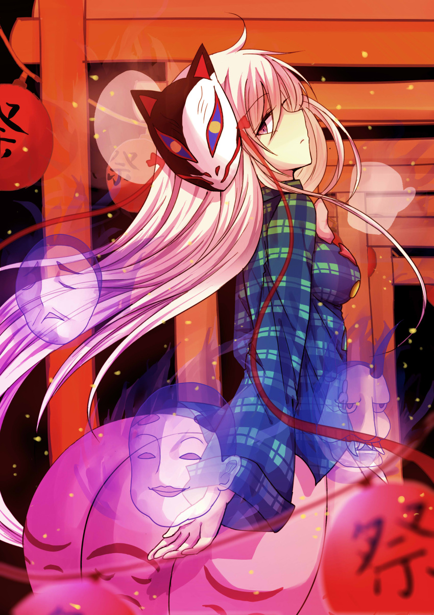 1girl absurdres ahoge bow breasts bubble_skirt expressionless fox_mask hata_no_kokoro highres lantern long_hair long_sleeves looking_at_viewer mask multiple_torii noh_mask oni_mask paper_lantern pink_eyes pink_hair plaid plaid_shirt profile side_glance skirt solo taut_clothes taut_shirt torii touhou very_long_hair yuxuekeith