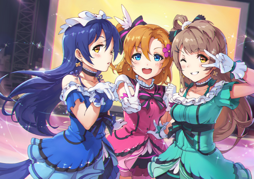 3girls :d blown_kiss blue_eyes blue_hair blush bow brown_hair choker dress gloves gou_(ga673899) kira-kira_sensation! kousaka_honoka long_hair love_live!_school_idol_project minami_kotori multiple_girls one_eye_closed open_mouth orange_hair skirt smile sonoda_umi v white_gloves yellow_eyes