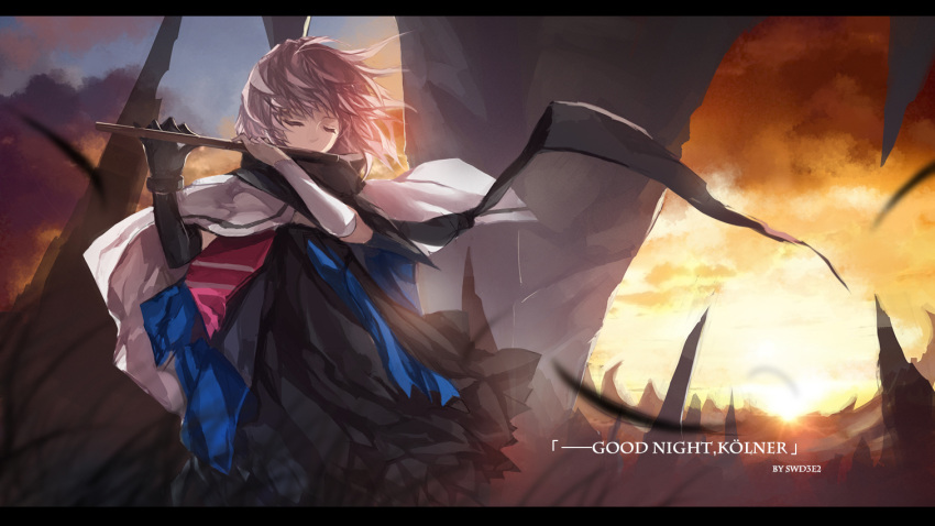 1girl artist_name asymmetric_gloves cape closed_eyes flute holding instrument light_brown_hair pixiv_fantasia pixiv_fantasia_fallen_kings playing_instrument scarf short_hair sketch sunset swd3e2 tagme text wind