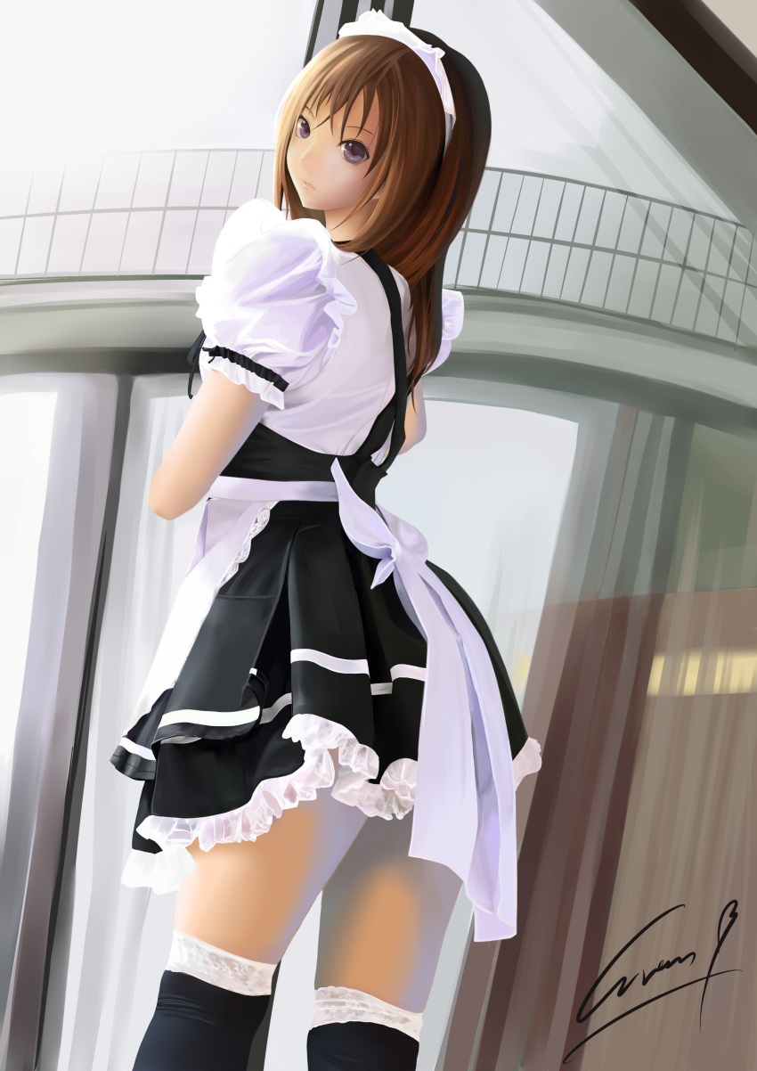 absurdres apron brown_hair evan_yang highres lace lace-trimmed_thighhighs looking_at_viewer looking_back maid maid_apron maid_headdress over-kneehighs puffy_sleeves short_sleeves signature thigh-highs violet_eyes window