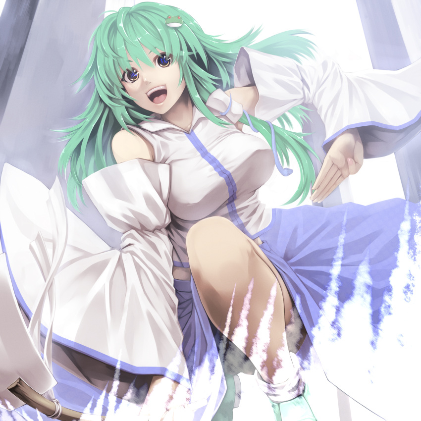 1girl :d bare_shoulders black_eyes breasts detached_sleeves gohei green_hair hair_ornament highres kochiya_sanae large_breasts long_hair open_mouth pose revision smile solo text_in_eyes touhou tro