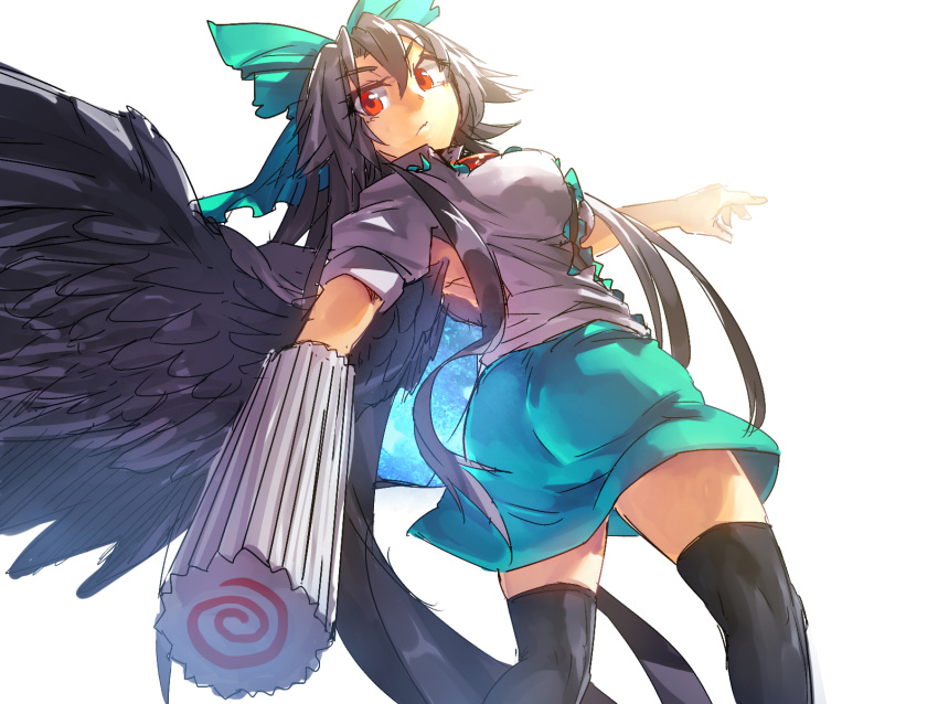 1girl arm_cannon black_wings breasts brown_hair cape feathered_wings green_skirt hair_ribbon highres long_hair looking_back miniskirt puffy_short_sleeves puffy_sleeves red_eyes reiuji_utsuho ribbon serious short_sleeves skirt solo temmasa22 thigh-highs third_eye touhou weapon white_blouse wings zettai_ryouiki