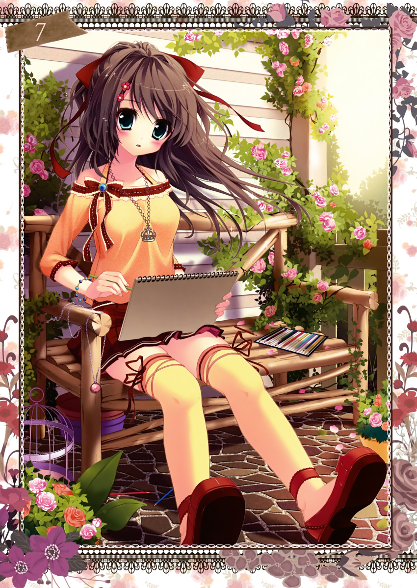 1girl absurdres bench blouse blue_eyes blush bow brown_hair colored_pencil d: flower hair_bow halterneck highres jewelry necklace off_shoulder open_mouth pencil rose shiramori_yuse shoes sitting sketchpad skirt thigh-highs vines yellow_legwear