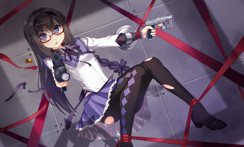 1girl :o aiming_at_viewer akemi_homura asymmetrical_hair black_hair braid cocked_hammer dance_of_eternity dual_wielding flashlight floating glasses gun hairband handgun high_heels highres hk_mark_23 laser_sight long_hair looking_at_viewer mahou_shoujo_madoka_magica pantyhose pistol red-framed_glasses red_ribbon ribbon semi-rimless_glasses shell_casing shield solo torn_clothes torn_pantyhose trigger_discipline under-rim_glasses violet_eyes weapon