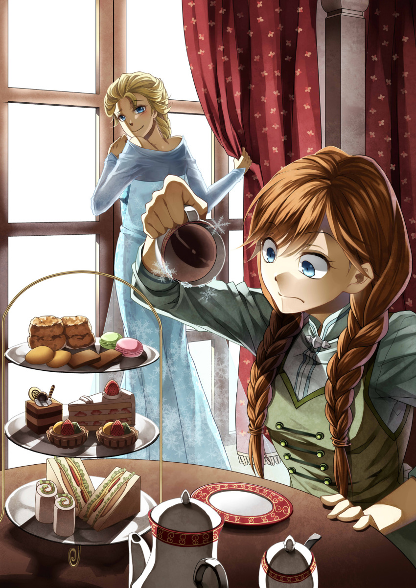 2girls anna_(frozen) blonde_hair blue_eyes braid cake cup curtains dress elsa_(frozen) food frozen frozen_(disney) fruit highres hoshiyoruno long_hair looking_at_another looking_back multiple_girls orange_hair pastry sandwich saucer strawberry surprised table tea teacup teapot twin_braids window