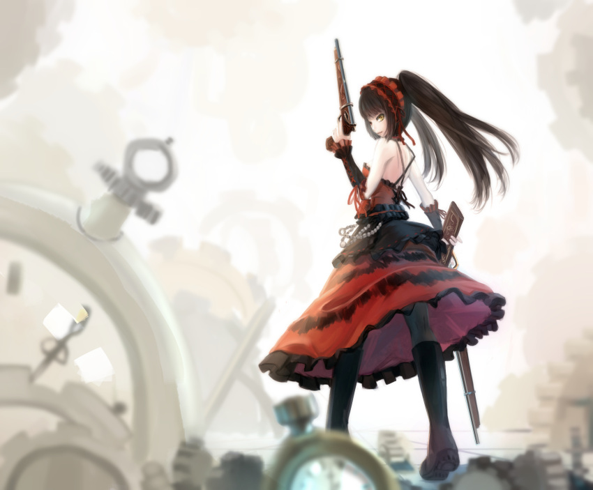 1girl black_hair blurry date_a_live depth_of_field dual_wielding faux_traditional_media gears gothic_lolita gun hair_ornament hairband highres holding kikivi lolita_fashion lolita_hairband looking_at_viewer looking_back pocket_watch rifle smile solo tokisaki_kurumi twintails watch weapon
