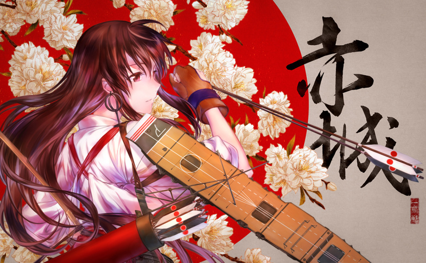 1girl akagi_(kantai_collection) arrow azmodan back brown_eyes brown_gloves brown_hair fingerless_gloves flower gloves holding japanese_clothes kantai_collection long_hair smile solo tasuki translation_request