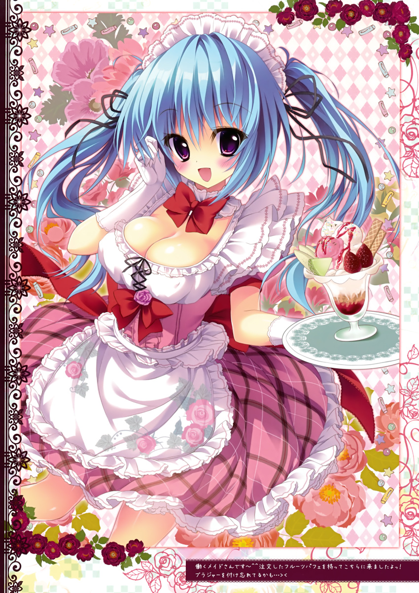 1girl :d absurdres apron argyle argyle_background blue_hair breasts cleavage gloves highres maid_apron maid_headdress open_mouth parfait shiramori_yuse smile tray twintails violet_eyes waitress white_gloves