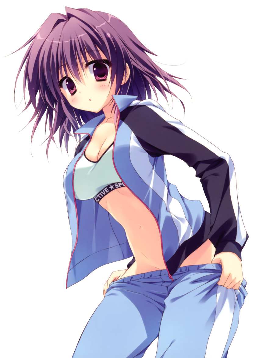 1girl absurdres blush bra breasts character_request cleavage copyright_request highres long_sleeves looking_at_viewer open_clothes open_jacket pants_pull purple_hair ryouka_(suzuya) short_hair simple_background solo sports_bra tagme track_jacket track_pants underwear violet_eyes white_background white_bra