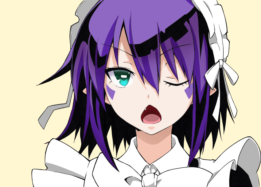 1girl absurdres alternate_costume chestnut_mouth enmaided facial_mark fang green_eyes highres maid maid_headdress merry_nightmare one_eye_closed open_mouth pointy_ears purple_hair short_hair solo yumekui_merry