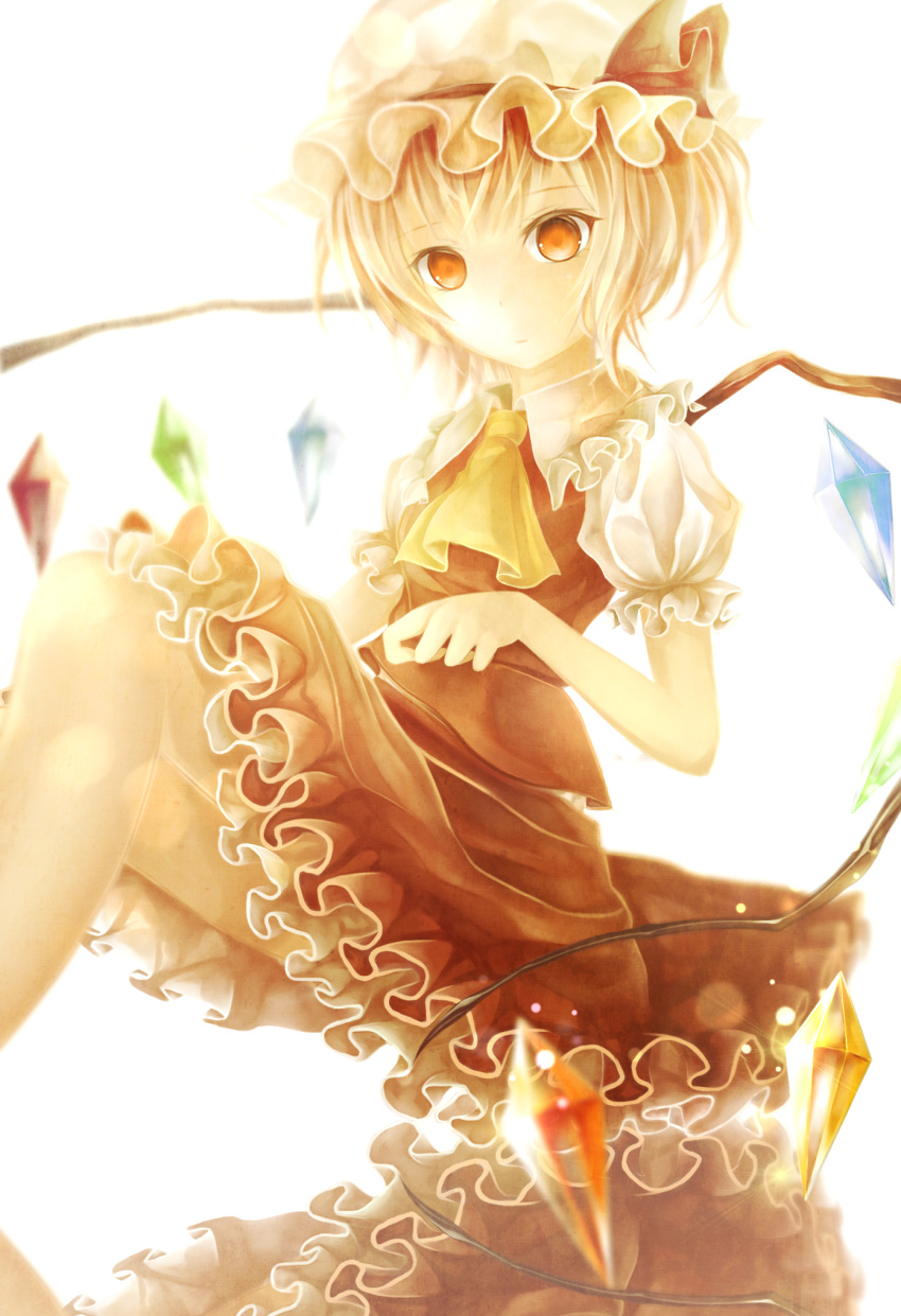 1girl ascot backlighting blonde_hair bow crossed_legs expressionless flandre_scarlet foreshortening frilled_skirt frills hat hat_bow highres light_particles mob_cap puffy_short_sleeves puffy_sleeves red_eyes red_skirt reflection rinne_(kouheiramia) short_hair short_sleeves skirt solo sunlight touhou transparent vest wings