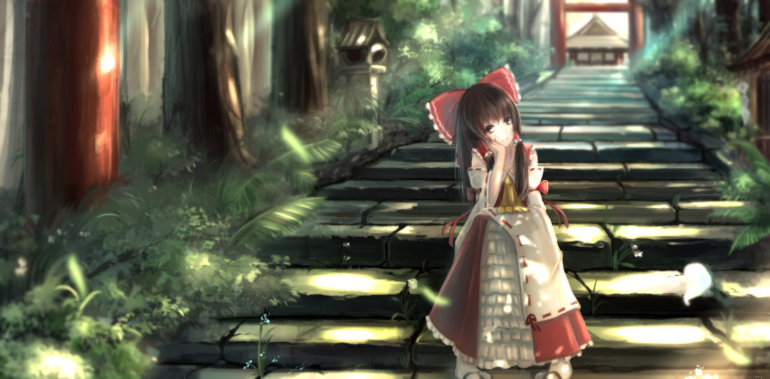 1girl arm_support ascot bow brown_eyes brown_hair detached_sleeves dress flower forest hair_bow hair_tubes hakurei_reimu hakurei_shrine highres kikivi long_hair long_sleeves looking_at_viewer nature red_dress sitting sitting_on_stairs solo stairs torii touhou wide_sleeves