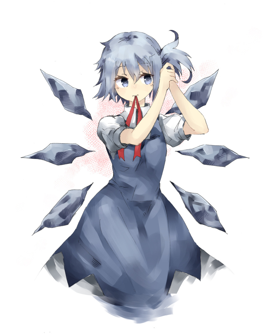 1girl alternate_hairstyle bei_mochi blue_dress blue_eyes blue_hair cirno dress highres ice ice_wings one_side_up puffy_short_sleeves puffy_sleeves shirt short_sleeves solo touhou tying_hair wings