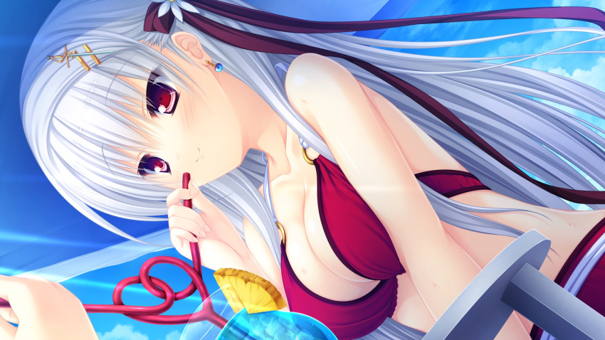 1girl bikini bikini_top blue_sky blush breasts cleavage cocktail collarbone drink drinking_glass drinking_straw dutch_angle earrings flower game_cg hair_ornament hairpin heart_straw highres jewelry justy_x_nasty large_breasts long_hair mikagami_mamizu ocean onose_mana red_eyes ribbon sky smile swimsuit water white_hair